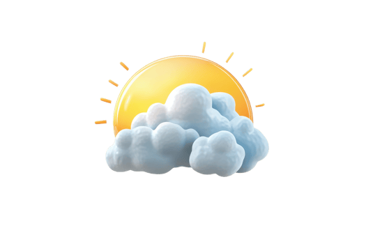 Bright sun rising behind fluffy clouds, symbolizing a cheerful morning. Ideal weather forecast or climate icon. png
