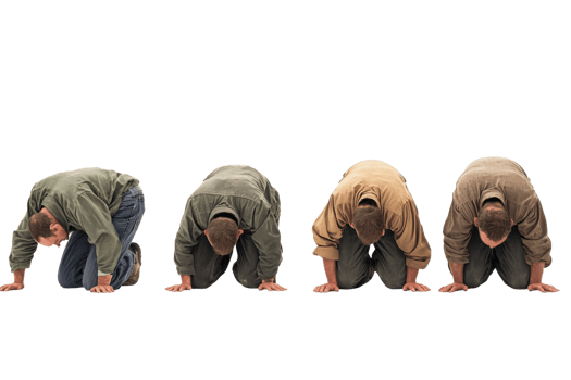 Series of four men bowing in prayer, wearing casual clothing. Isolated on transparent background. Depicts devotion and respect. png