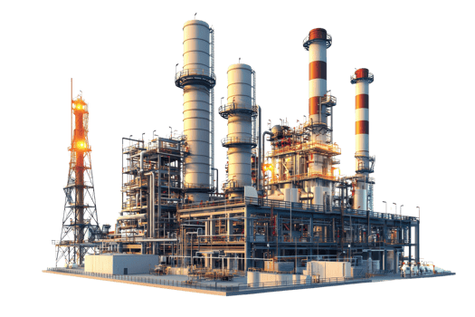Industrial power plant with multiple chimneys against a transparent background. showcasing modern energy production and industrial architecture. png