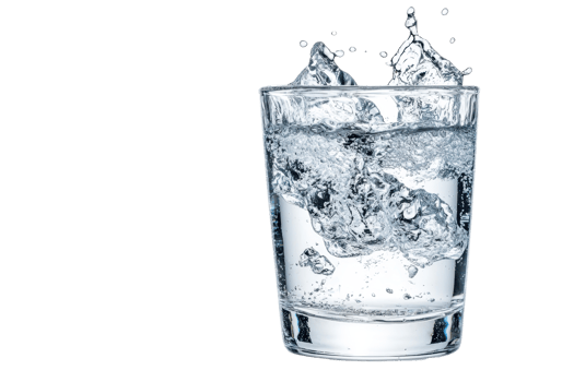Close-up of ice cubes splashing into a clear glass of water, showcasing freshness and purity with a transparent background. png