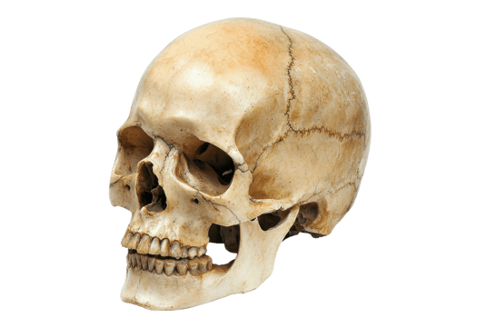 Realistic human skull on a transparent background. showcasing details of the bone structure for medical, educational, or artistic purposes. png