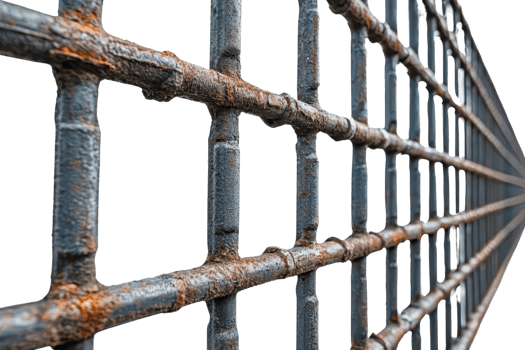 Rusty iron bars on a prison gate, symbolizing confinement and security, with a close-up perspective, showing decay and strength simultaneously. png