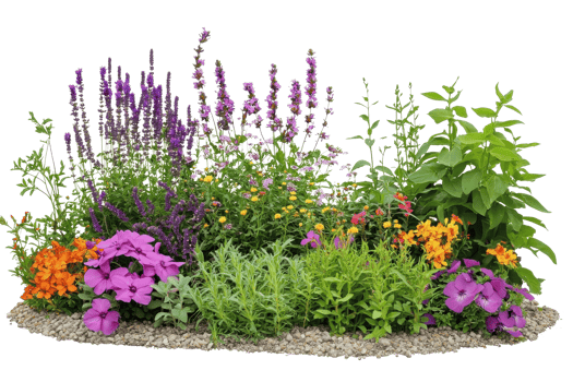 Vibrant flower garden with a variety of colorful blooms including purple, orange, and pink flowers, perfect for landscaping inspiration. png
