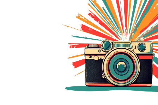 Vibrant retro camera illustration with colorful rays of light. Perfect for creative, vintage, or artistic projects needing a pop of color. png