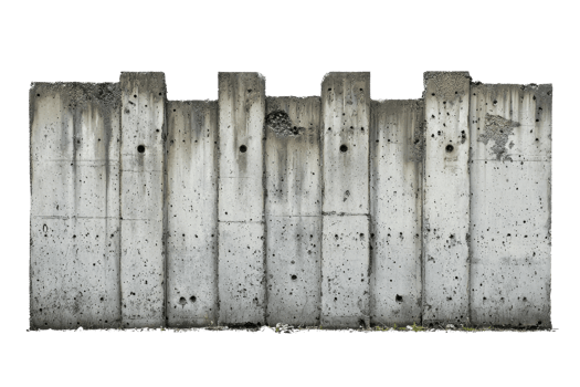 Weathered concrete wall with stains and holes, emphasizing texture and urban decay, isolated on a transparent background. png