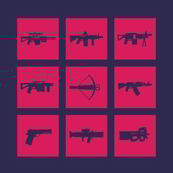 weapons, firearms icons set, sniper and assault rifles, pistol, crossbow, smg, machine gun, grenade, rocket launchers vector