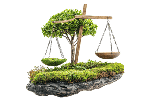 A balance scale hangs beside a tree on a floating island with lush green grass and rocks, symbolizing nature and balance. png
