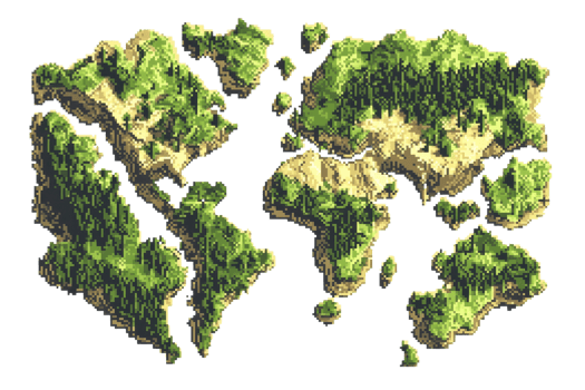 Abstract floating islands of lush greenery and rocky terrain. Digital illustration of fragmented land masses in a fantastical style. png