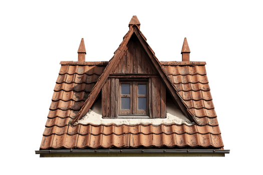 A quaint wooden dormer window with a red tiled roof, showcasing traditional architectural elements against a transparent background. png