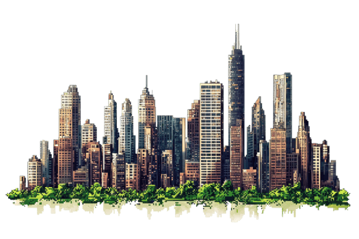 Artistic illustration of a modern urban city skyline with towering skyscrapers and greenery, representing metropolitan architecture and city life. png