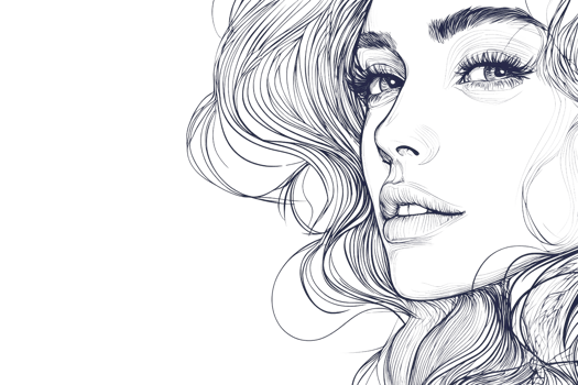 Artistic sketch of a woman's face with intricate details, flowing hair, and a contemporary style. Perfect for modern design projects. png