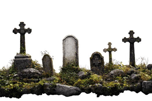 Ancient gravestones covered in moss and surrounded by rocks and grass, showcasing a historical cemetery scene with weathered memorials. png