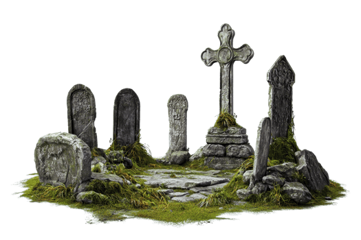 Ancient moss-covered tombstones and cross in an old, abandoned cemetery evoke a sense of history and tranquility. png