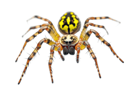 Close-up of a colorful spider with a striking pattern on its abdomen, isolated on a transparent background. png