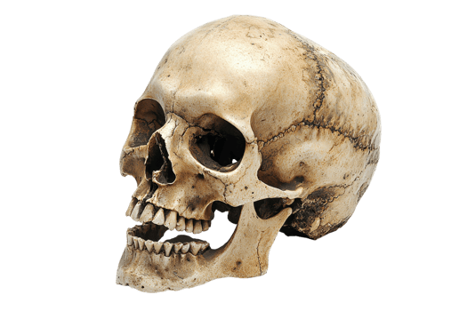 Close-up of a human skull on a transparent background. showcasing detailed bone structure. Ideal for medical, educational, and artistic purposes. png