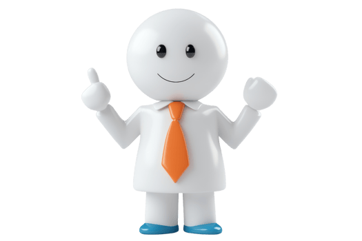 Smiling 3D character in white shirt and orange tie, giving thumbs up. Cheerful and positive mascot or icon for business or education. png