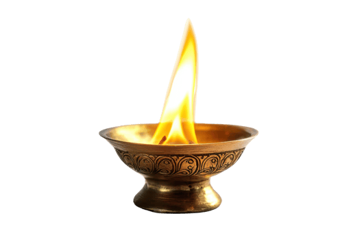 An ornate brass oil lamp with a bright flame, commonly used in spiritual and religious ceremonies. Perfect for cultural and festival themes. png