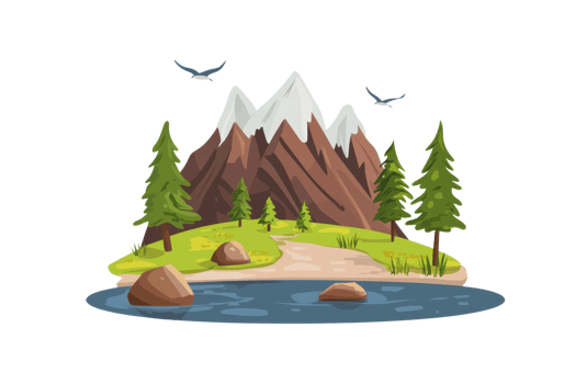 Illustration of a scenic mountain landscape with trees, a river, and birds in the sky. Ideal for nature, outdoor, and adventure themes. png