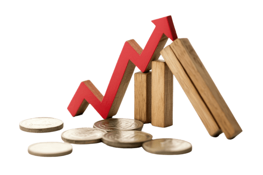 Rising finance graph with coins and wooden blocks symbolizing growth, investment, and economic stability. png