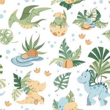Seamless pattern with cute dinosaurs in flat style. Endless texture with baby dinosaurs with palm leaves, footprints and plants vector