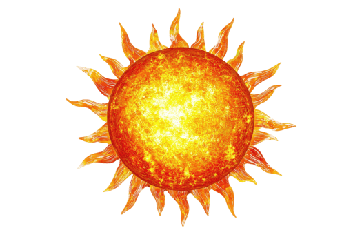 Bright and vibrant sun illustration with fiery rays, perfect for summer, energy, and astronomy themes. High-quality digital artwork. png