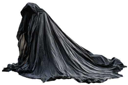 Mystery figure draped in a black cloak, creating a dark and eerie atmosphere perfect for spooky and gothic themes. png