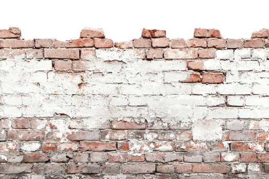Old brick wall with white plaster partially worn off, revealing the red bricks underneath. Perfect for urban and vintage backgrounds. png