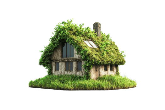 Charming eco-friendly house with a lush green roof and natural landscape, representing sustainable and environmentally friendly living. png