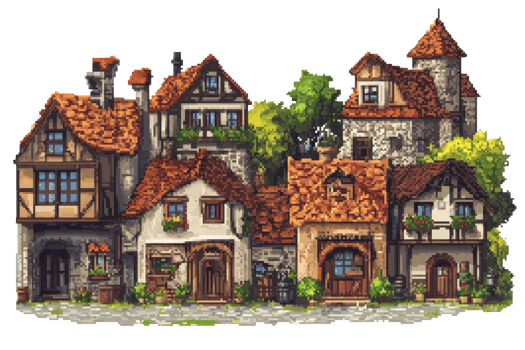 Charming, vintage village with cobblestone streets and rustic houses, embodying a nostalgic medieval European architectural style. png