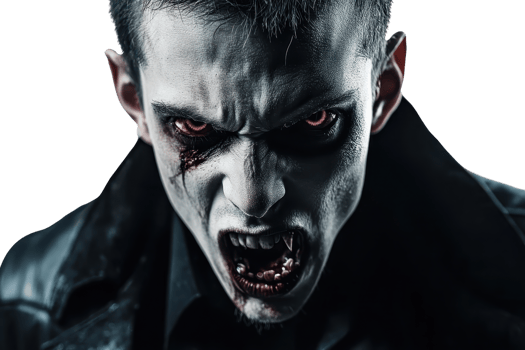 Close-up of a menacing vampire with fangs and red eyes in a dark setting, perfect for Halloween or horror themes. png