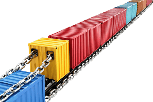 Colorful shipping containers linked by chains in a train, symbolizing transport, logistics, and global trade with a forward direction. png