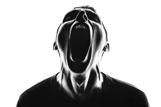 Silhouette of a person in shadow, screaming or shouting with an open mouth, expressing strong emotion in a dramatic, high-contrast image. png