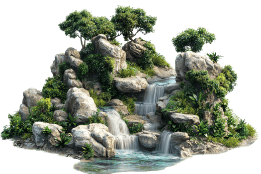 Scenic waterfall cascading over rocks surrounded by lush vegetation, creating a tranquil natural landscape. png