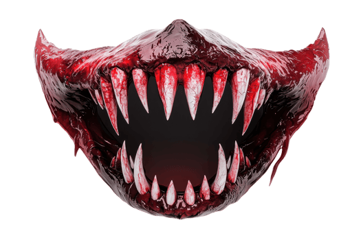Terrifying close-up of a monstrous mouth with sharp, bloodied teeth, perfect for horror and Halloween themes. png