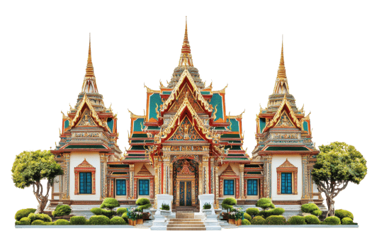 Stunning ornate Thai temple with vibrant colors, intricate details, and lush greenery, showcasing traditional architectural design. png
