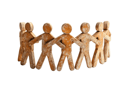 Unity concept represented by wooden human figures standing in a circle, holding hands, symbolizing cooperation, teamwork, and community. png