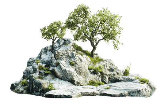 Scenic landscape with rugged rocks and green trees, perfect for nature backgrounds and environmental themes. png