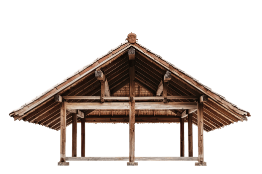 Traditional wooden gazebo with a sloped roof, showcasing intricate craftsmanship and natural design, perfect for outdoor spaces and gardens. png