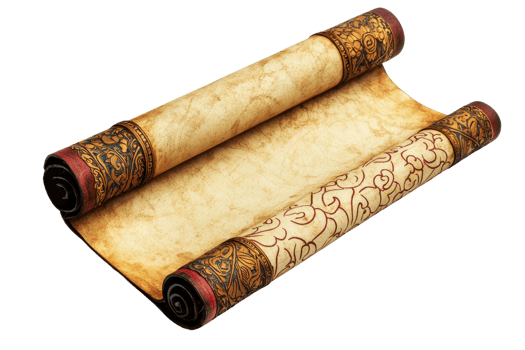 Vintage scroll with intricate details and ornate design, ideal for historical or fantasy themed projects, evoking a sense of antiquity and mystery. png