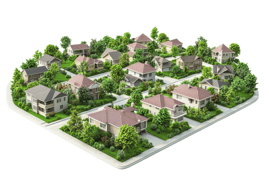 A detailed 3D render of a suburban neighborhood with lush green spaces, well-maintained houses, and clean streets on a sunny day. png