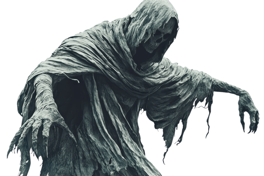 A hooded, faceless spectral figure dressed in tattered robes, reaching out with skeletal hands, emanating an eerie, ghostly aura. png