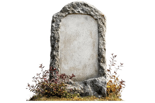 A weathered stone tombstone surrounded by wild plants, ideal for use in historical, memorial, or spooky themed projects. png