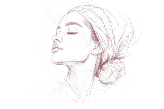 Abstract sketch of a woman's face in profile with delicate lines and soft pink tones. Artistic and modern design, ideal for creative projects. png