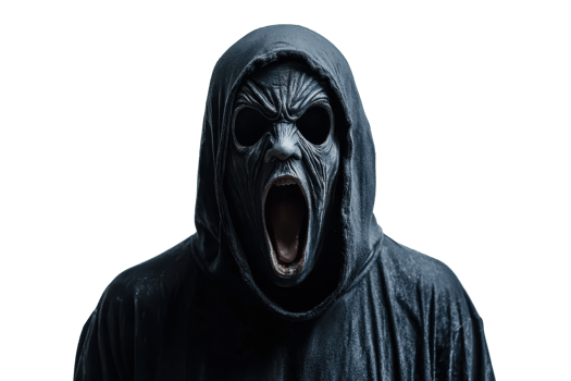 A terrifying figure in a dark hooded cloak screams menacingly. Perfect for Halloween, horror themes, and eerie artworks. png