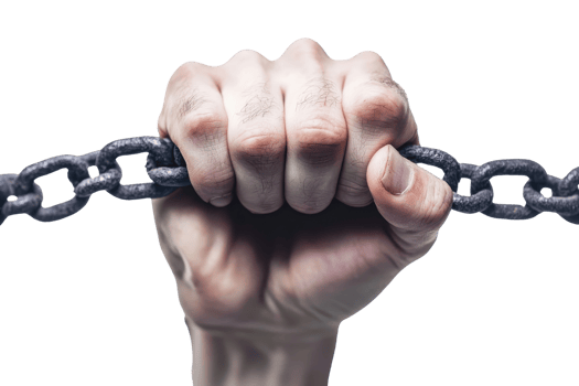 Close-up of a strong hand gripping a metal chain, symbolizing strength, struggle, and determination in a powerful concept image. png