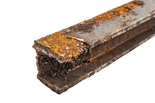 Close-up of a rusty metal beam, showcasing corrosion and decay. Ideal for illustrating aging materials or industrial environments. png