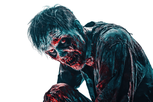 Creepy zombie with a distressed, decaying face and bloodied clothing, perfect for horror, Halloween, and thriller themes. png