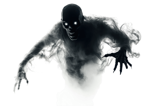 Dark ghostly figure with glowing eyes emerging from smoke or mist, perfect for Halloween or horror themes. png