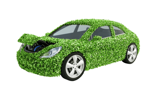 Eco-friendly concept car covered with greenery, symbolizing green energy and environmental sustainability in automotive design. png