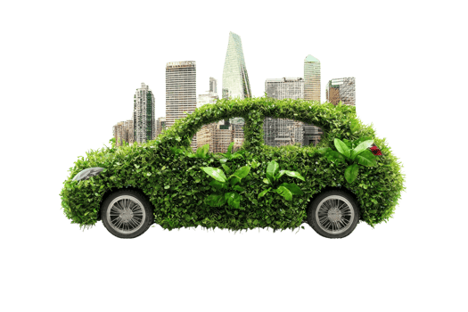 Eco-friendly car covered in green foliage with a cityscape background, representing sustainable urban mobility and environmental consciousness. png